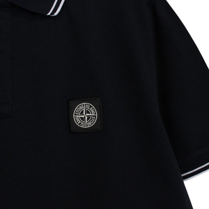 Stone Island navy blue short sleeve polo shirt with compass logo and cotton material.