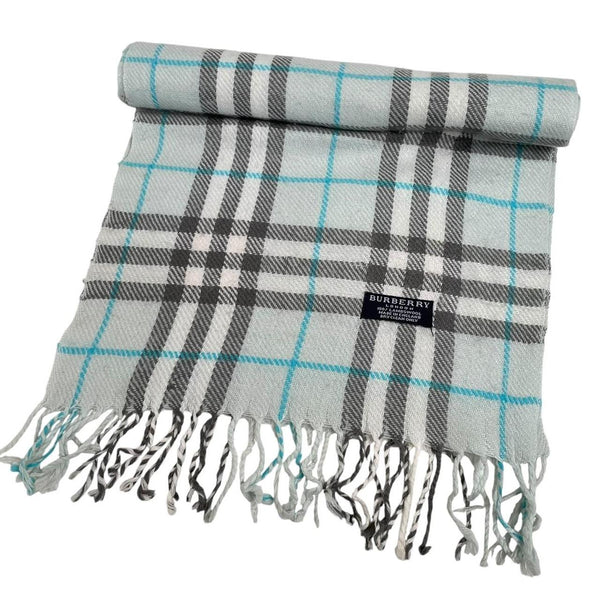 Vintage 90s Burberry Light Blue Nova Check Lambswool Scarf