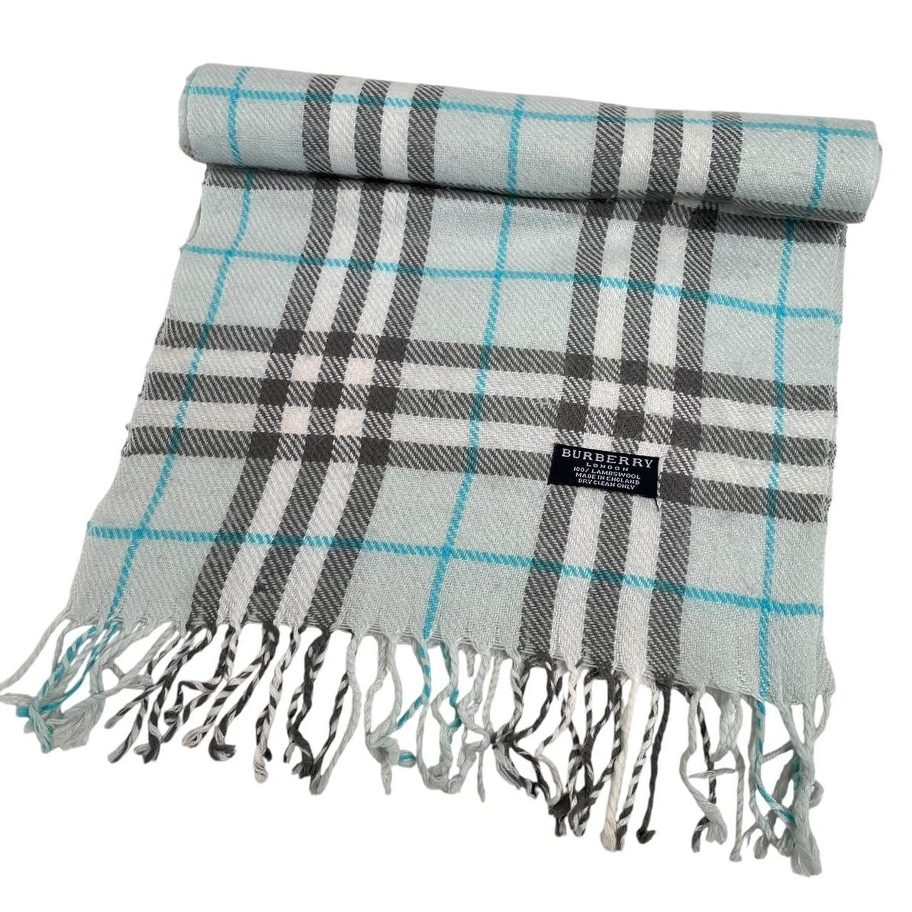 Vintage 90s Burberry Light Blue Nova Check Lambswool Scarf