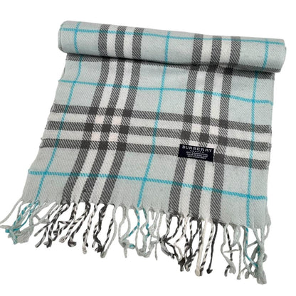 Vintage 90s Burberry Light Blue Nova Check Lambswool Scarf