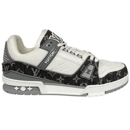 Louis Vuitton grey and white trainers with monogram pattern and leather accents.