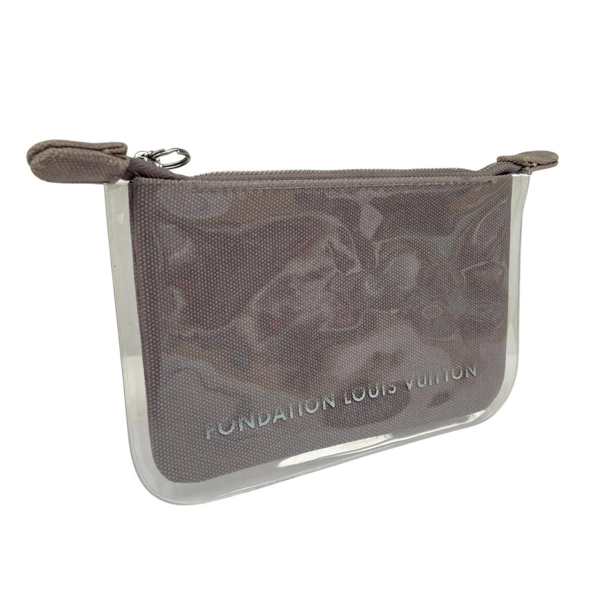 Louis Vuitton grey PVC clutch pouch with logo print and minor wear marks.