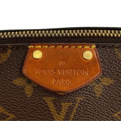 Louis Vuitton brown messenger bag with monogram canvas and leather trim details.