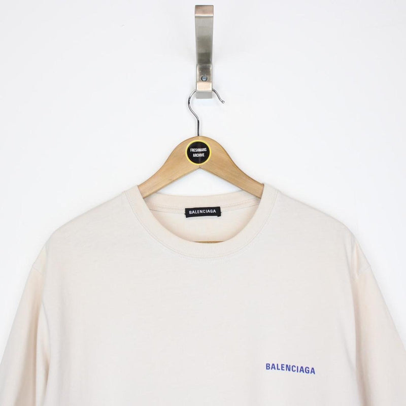 Balenciaga Cream and Blue Back Logo Print Short Sleeve T-Shirt