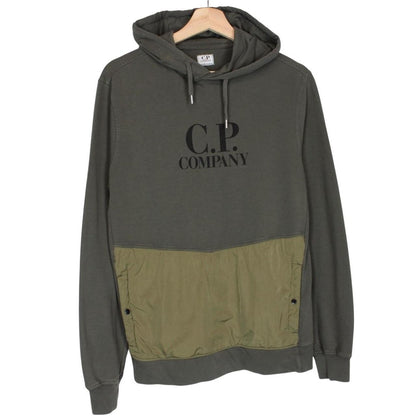 CP Company Khaki Green Cotton Logo Print Hoodie Jumper