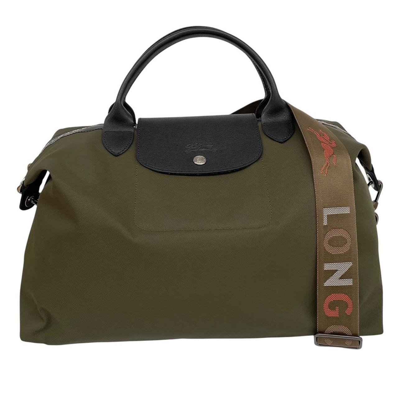 Longchamp green Le Pliage Enery tote bag with logo and durable nylon material.