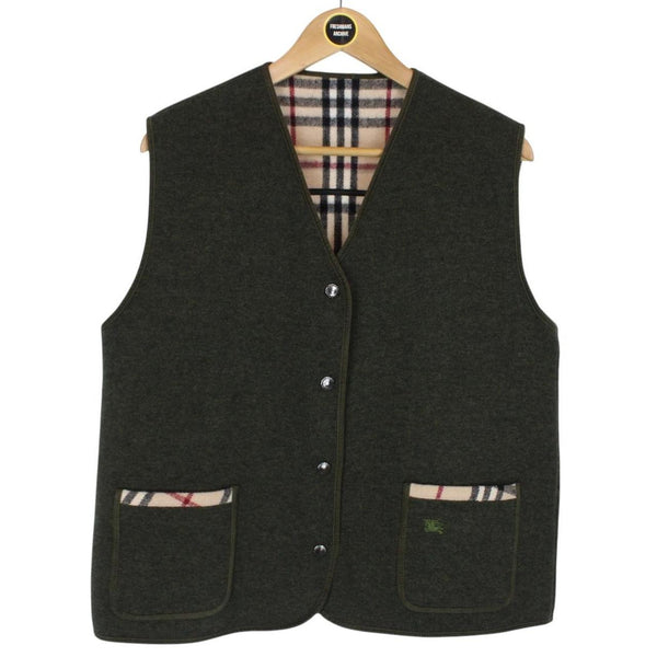 Vintage Burberry London Khaki Green Nova Check Wool Blend Knit Sweater Vest