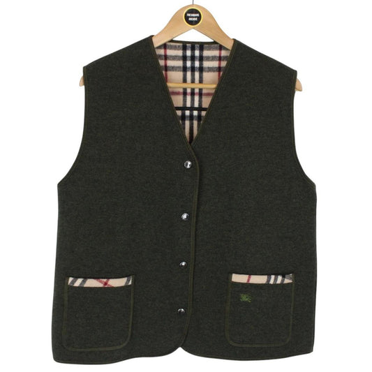 Vintage Burberry London Khaki Green Nova Check Wool Blend Knit Sweater Vest