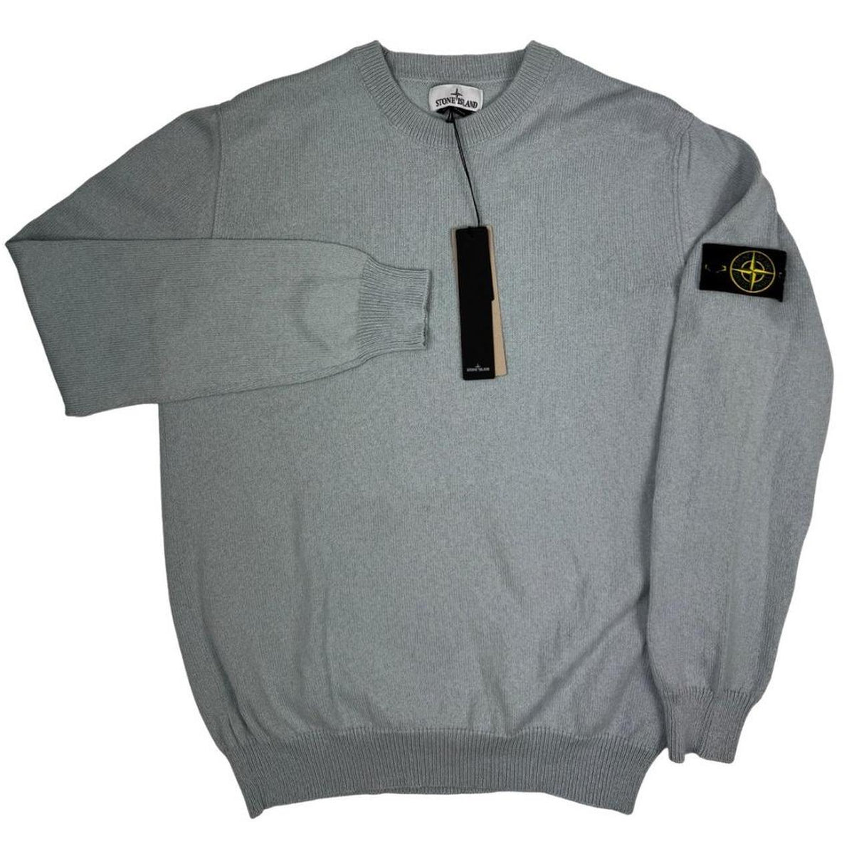 Stone Island grey knit jumper made from organic cotton with logo patch.