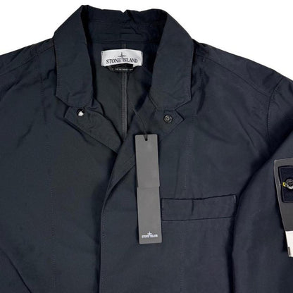 Stone Island black full zip jacket with logo badge and micro twill fabric.