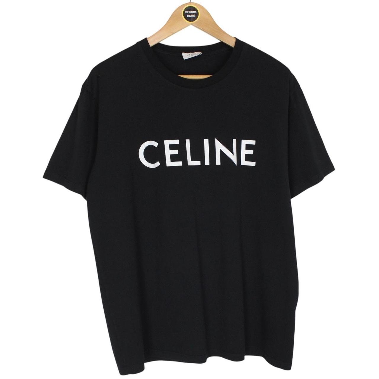 Celine Black and White Logo Print Short Sleeve Cotton T-Shirt