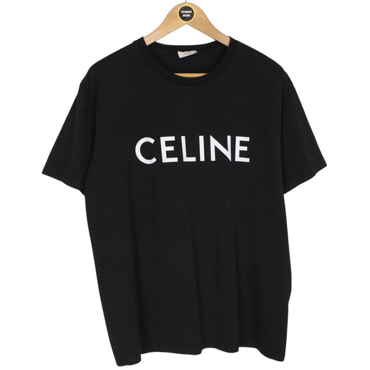 Celine Black and White Logo Print Short Sleeve Cotton T-Shirt