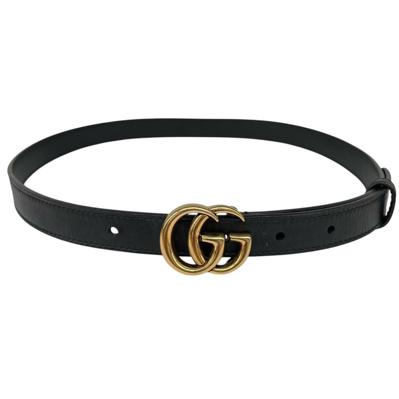 Gucci Black and Gold Marmont Thin Leather Belt with GG Buckle