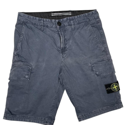 Stone Island navy blue cargo shorts with logo patch and cotton fabric.