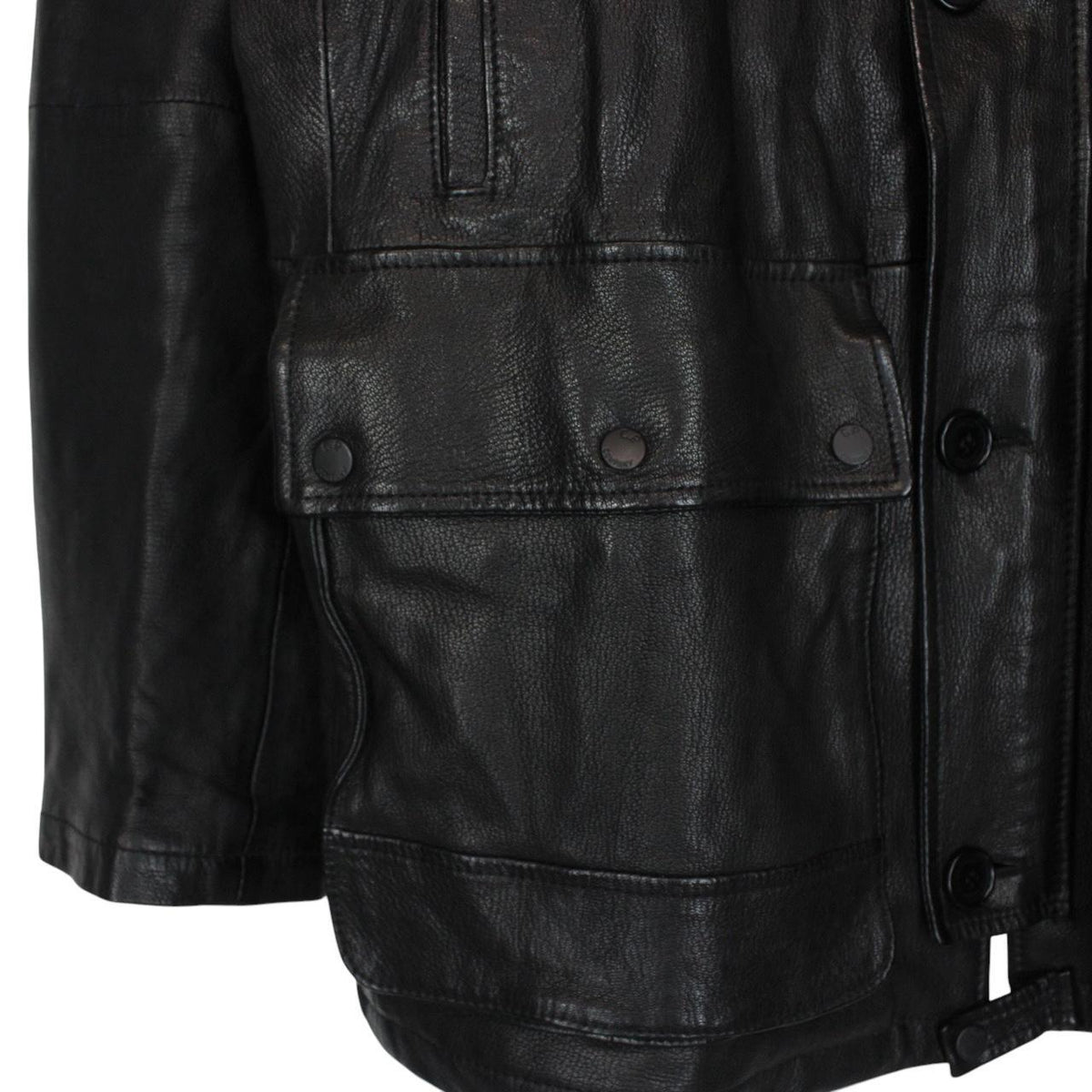 CP Company black leather jacket with multi pockets and logo detail.