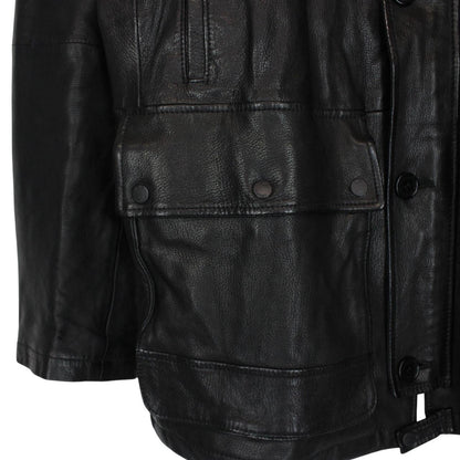 CP Company black leather jacket with multi pockets and logo detail.