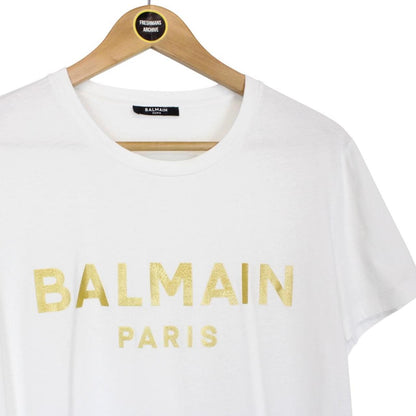 Balmain Paris White and Metallic Gold Logo Print Short Sleeve T-Shirt