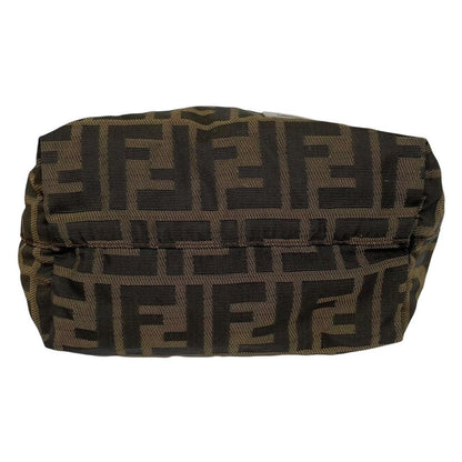 Fendi brown duffel bag featuring iconic Zucca monogram canvas and durable handles.