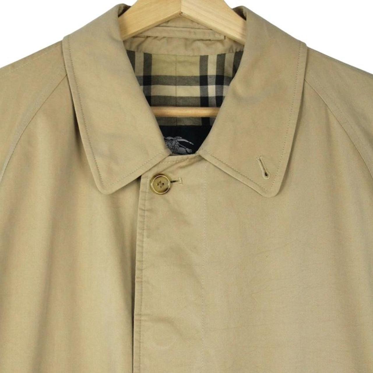 Burberry tan brown single breasted cotton overcoat with logo detail and classic design.