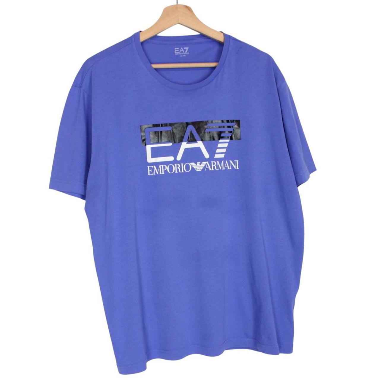 Armani purple short sleeve t-shirt with logo print and cotton material.