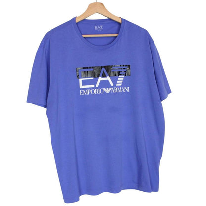 Armani purple short sleeve t-shirt with logo print and cotton material.