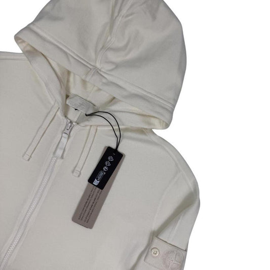 Stone Island cream full zip hoodie with ghost logo and cotton material.