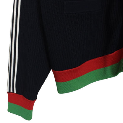 Gucci x Adidas navy blue cardigan jumper with logo detailing and soft viscose material.