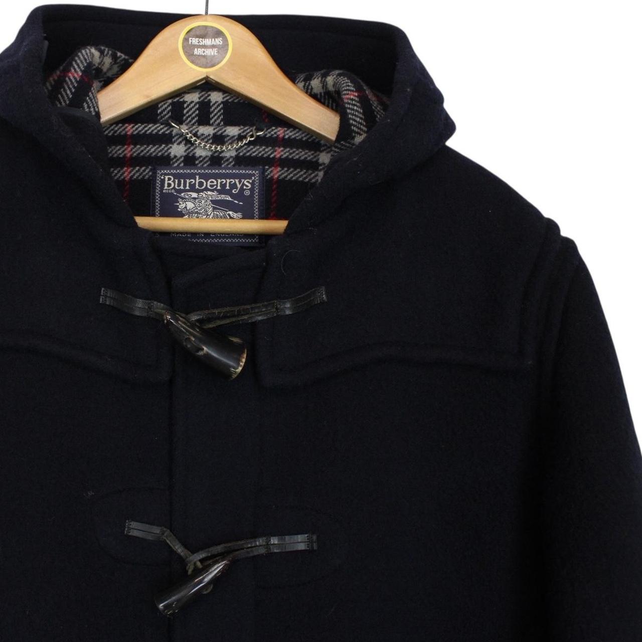 Vintage 90s Burberry Navy Blue Nova Check Wool Duffle Coat