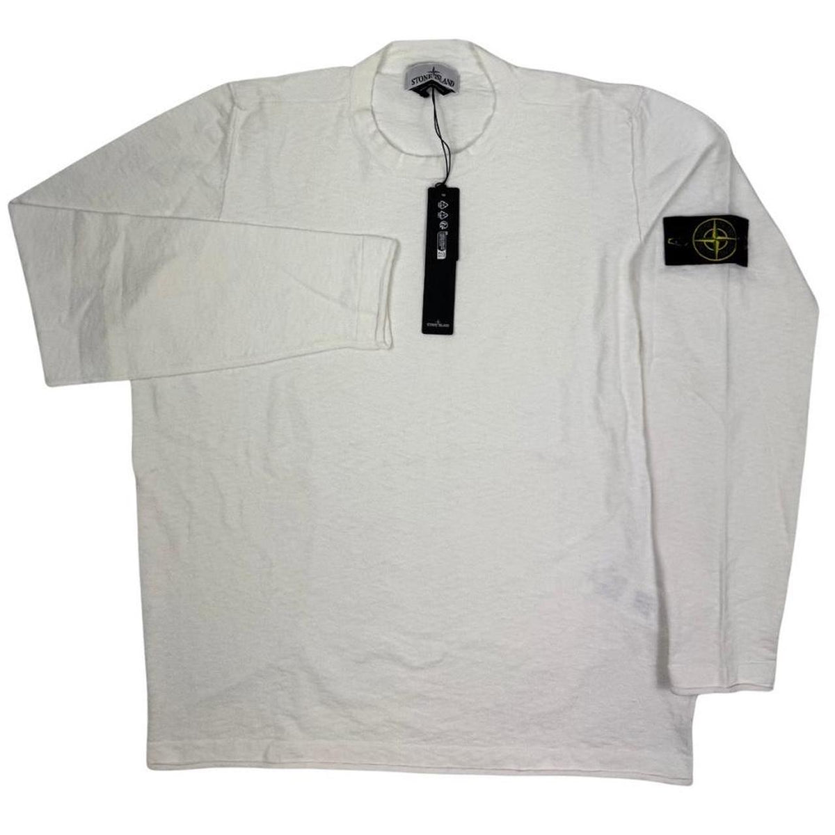 Stone Island white organic cotton knit sweatshirt with logo patch on sleeve.