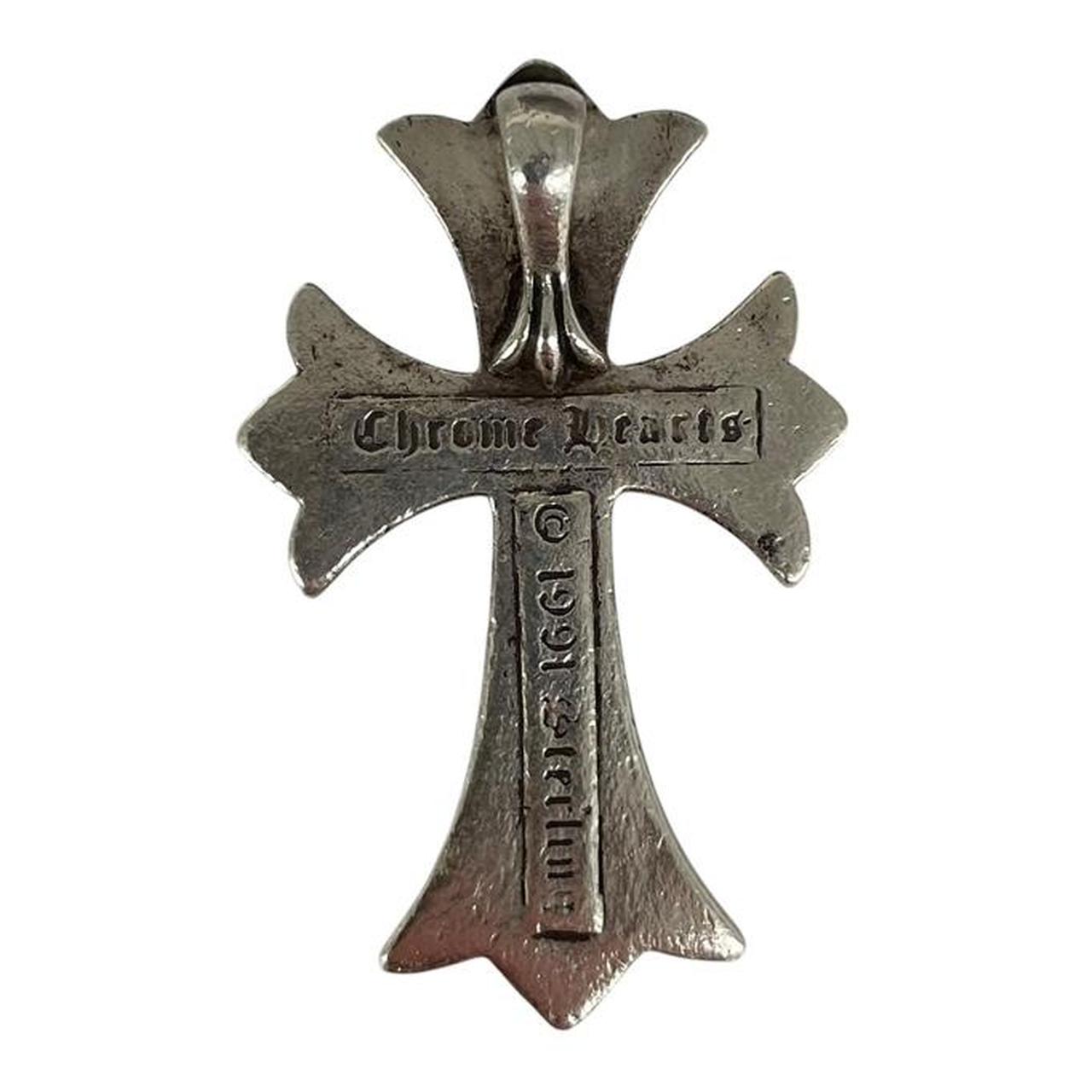 Chrome Hearts silver cross pendant with tarnished finish and vintage 1991 design.