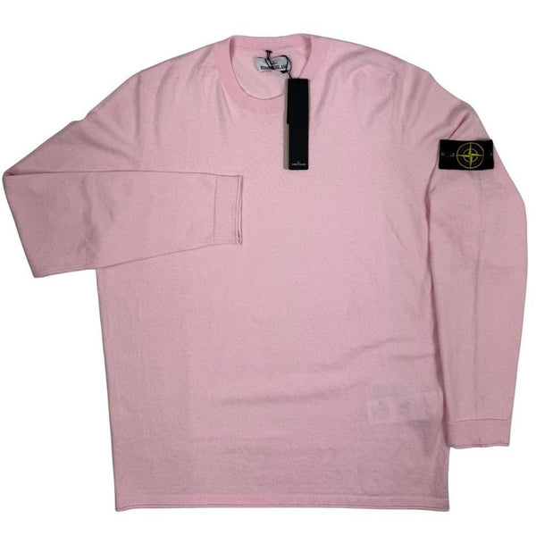 Stone Island pink knit jumper made from organic cotton with logo patch detail.