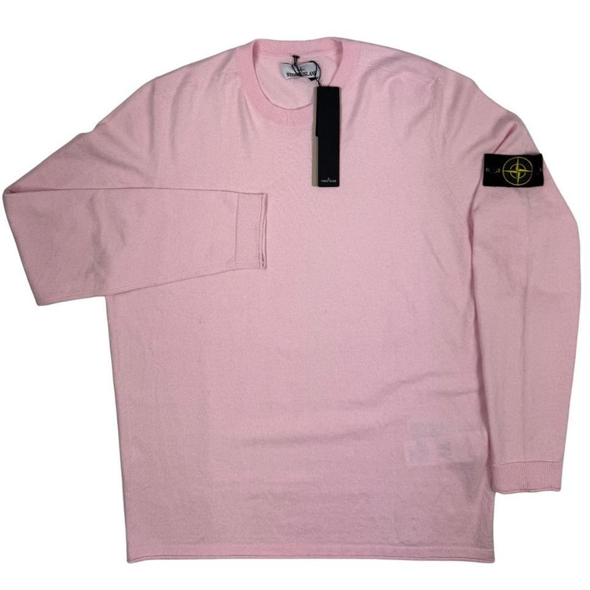 Stone Island pink knit jumper made from organic cotton with logo patch detail.