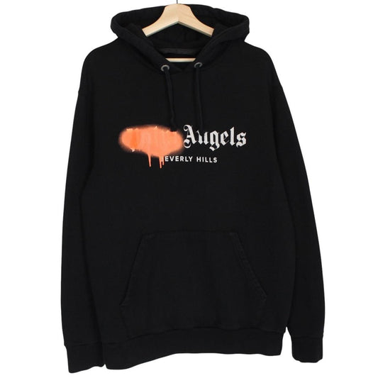Palm Angels black and orange hoodie with Beverly Hills spray design and cotton material.