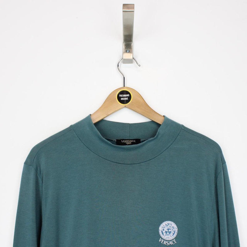 Vintage Versace Green Long Sleeve Cotton Mock Neck T-Shirt