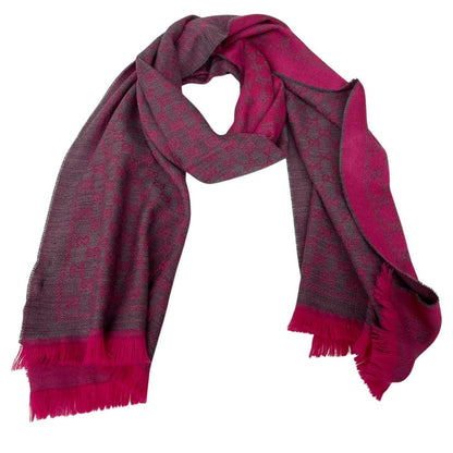 Gucci Grey and Pink GG Monogram Frayed Wool Scarf