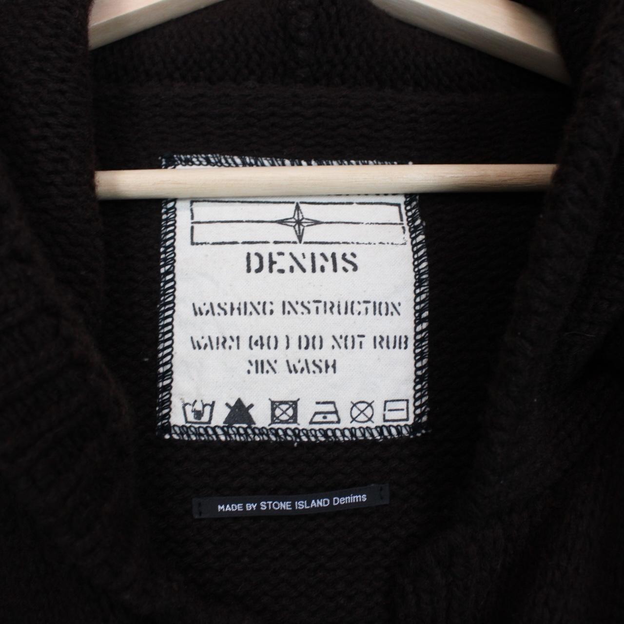 Stone Island brown knit duffle coat with logo patch and wool blend material.