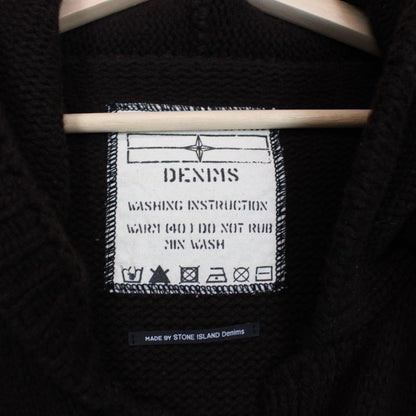 Stone Island brown knit duffle coat with logo patch and wool blend material.
