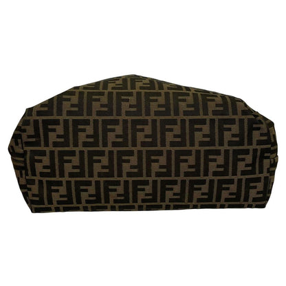 Fendi brown monogram canvas duffel bag with leather trim and logo detail.
