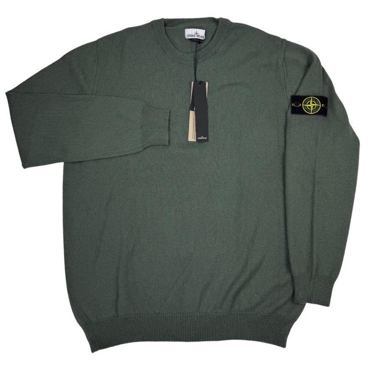 Stone Island green knit jumper made from organic cotton with logo patch detail.