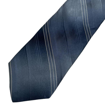 DKNY blue striped silk tie with elegant sheen and classic pattern.