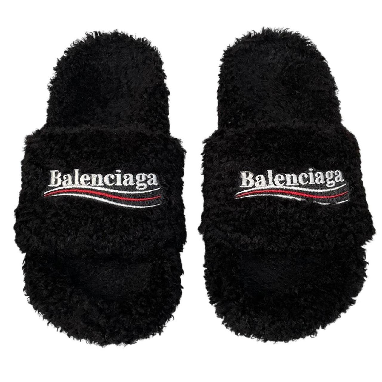 Balenciaga Black Faux Fur Furry High Heels Slides