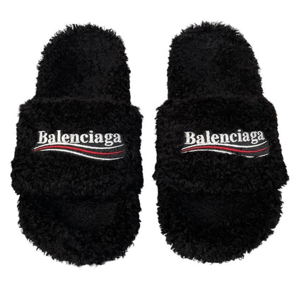 Balenciaga Black Faux Fur Furry High Heels Slides