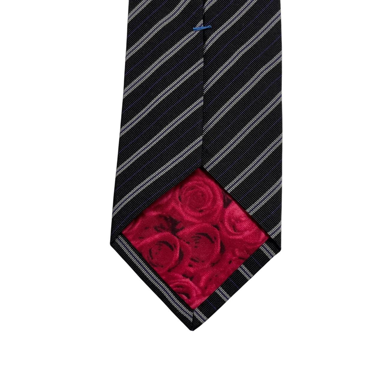 Paul Smith black and grey striped silk blend tie with subtle logo detail.