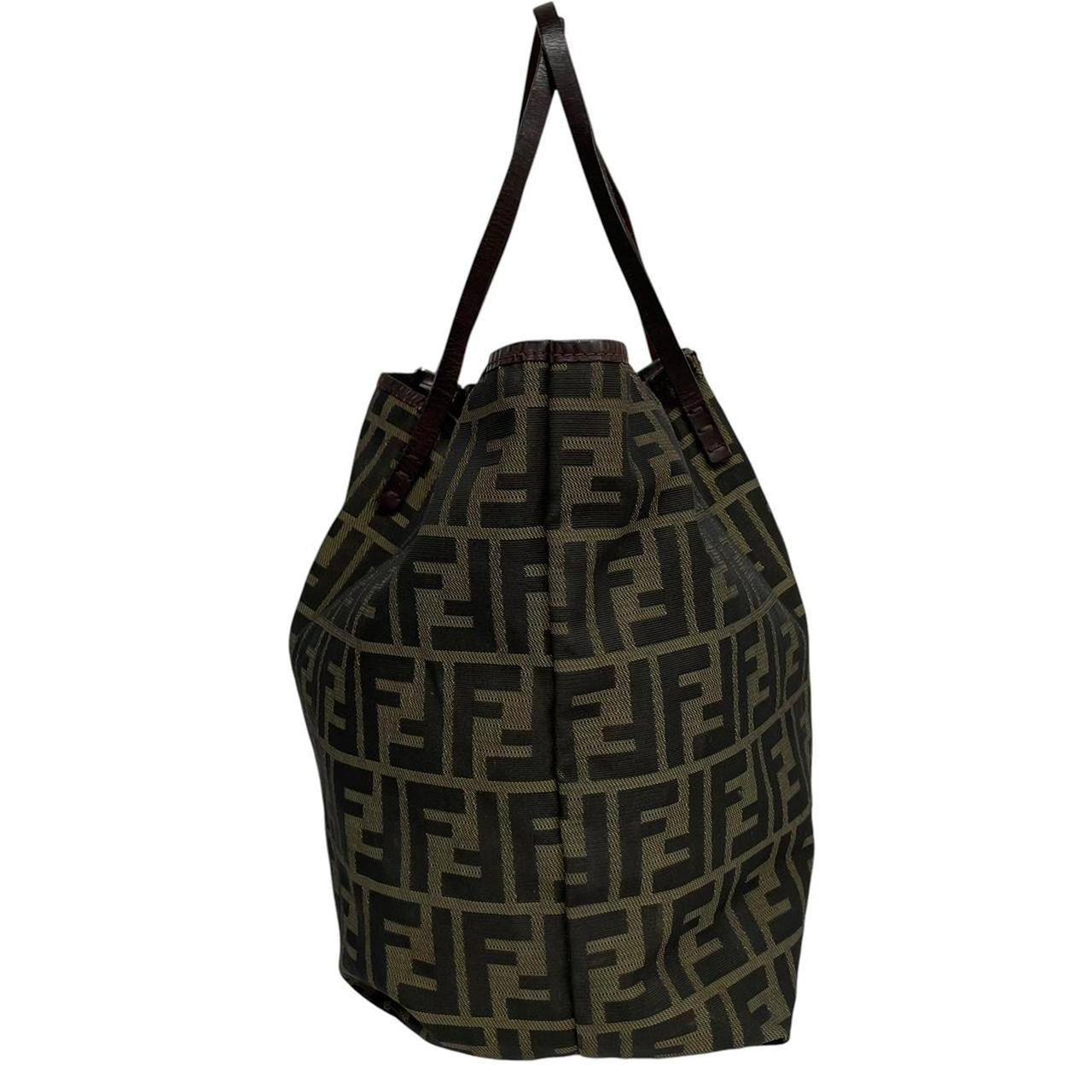 Fendi brown monogram canvas duffel bag with leather trim and logo detail.