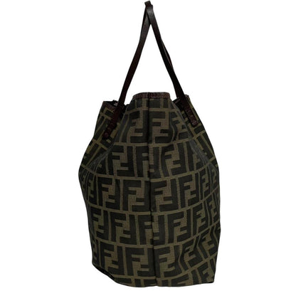 Fendi brown monogram canvas duffel bag with leather trim and logo detail.