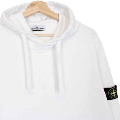 Stone Island black hoodie jumper with logo patch and cotton material, size large.
