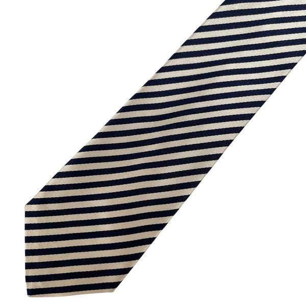 Paul Smith cream and black striped silk tie with logo and brand tags.
