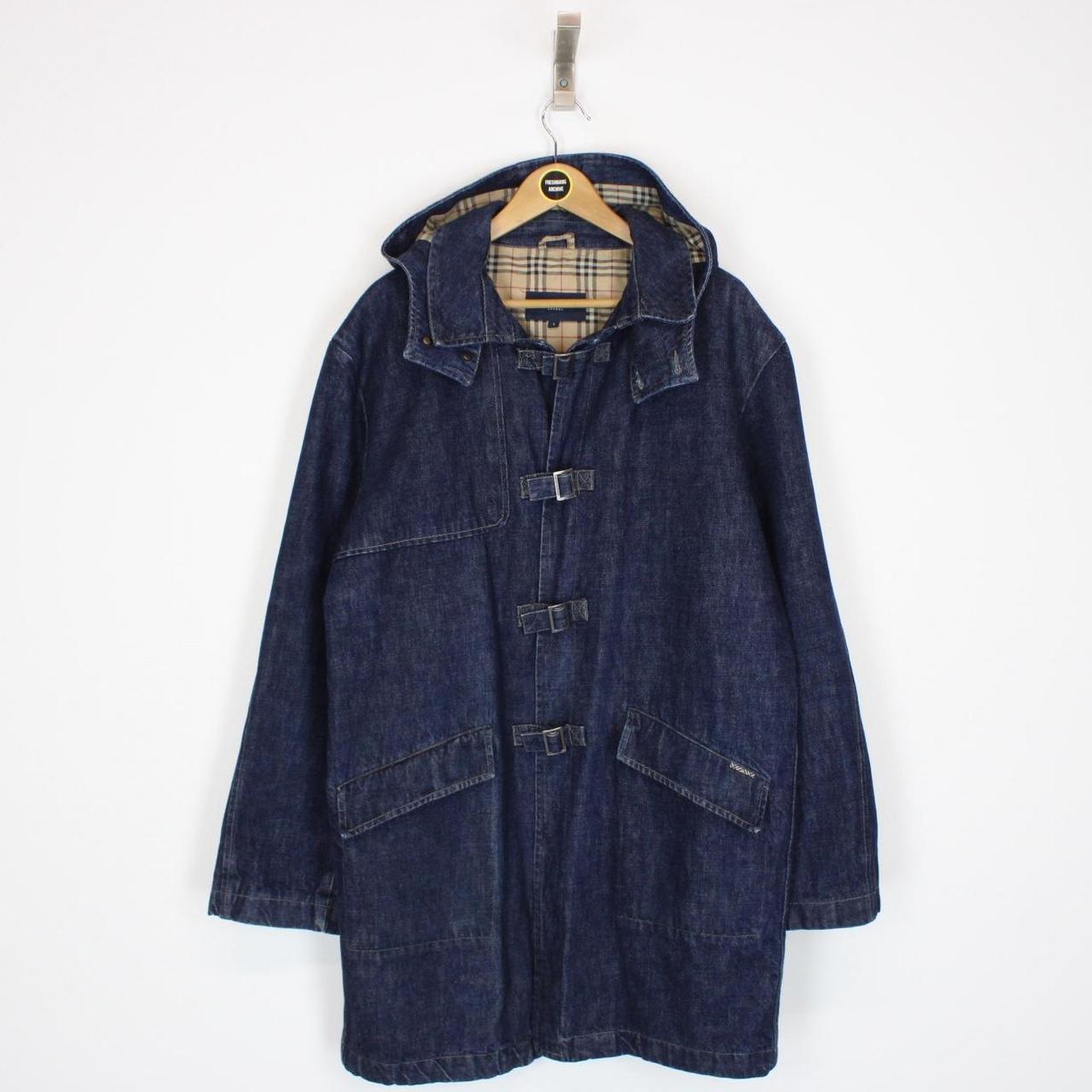 Vintage 00s Burberry London Navy Blue Nova Check Hooded Denim Coat