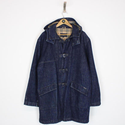 Vintage 00s Burberry London Navy Blue Nova Check Hooded Denim Coat
