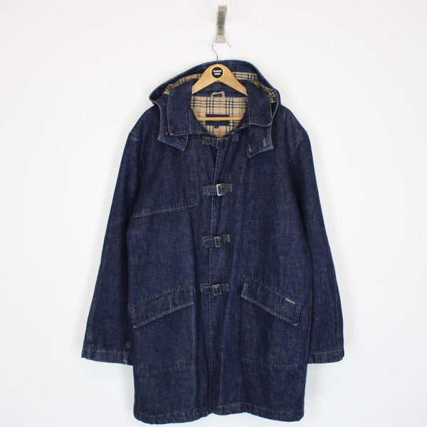 Vintage 00s Burberry London Navy Blue Nova Check Hooded Denim Coat
